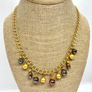 VINTAGE ANNE KLEIN II GOLD CHAIN NECKLACE BEAD DANGLE CHARM BIB GLASS ETRUSCAN